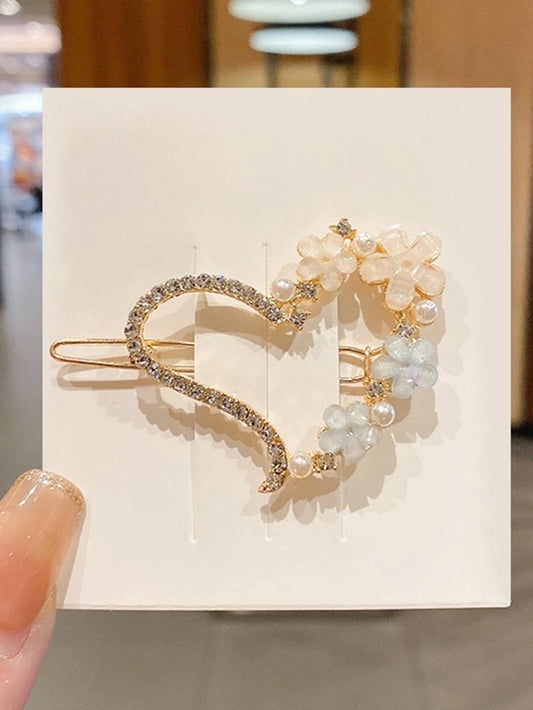 Floral & Rhinestone Heart shaped Hair Pin