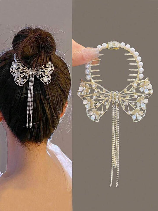 Gold Rhinestone Hair Claw With Flower, & Pearl