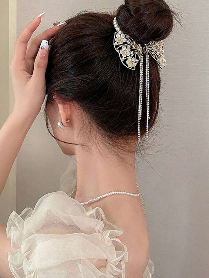 Gold Rhinestone Hair Claw With Flower, & Pearl
